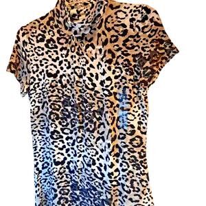 Emma James Women's Blouse Multicolor Leopard Print Mock Neck Stretch S New